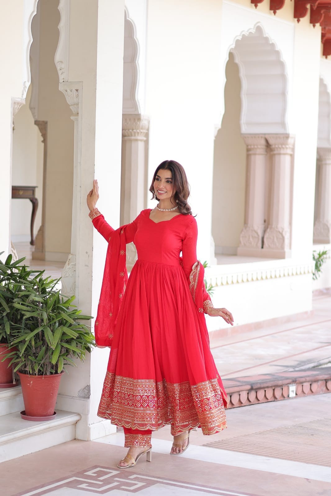 Coral Red Vichitra Silk Embroidered Gown With Pant & Dupatta Set